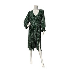 Green Floral V-Neck Midi Dress Long Sleeve Side Slit Casual A-Line Women Small