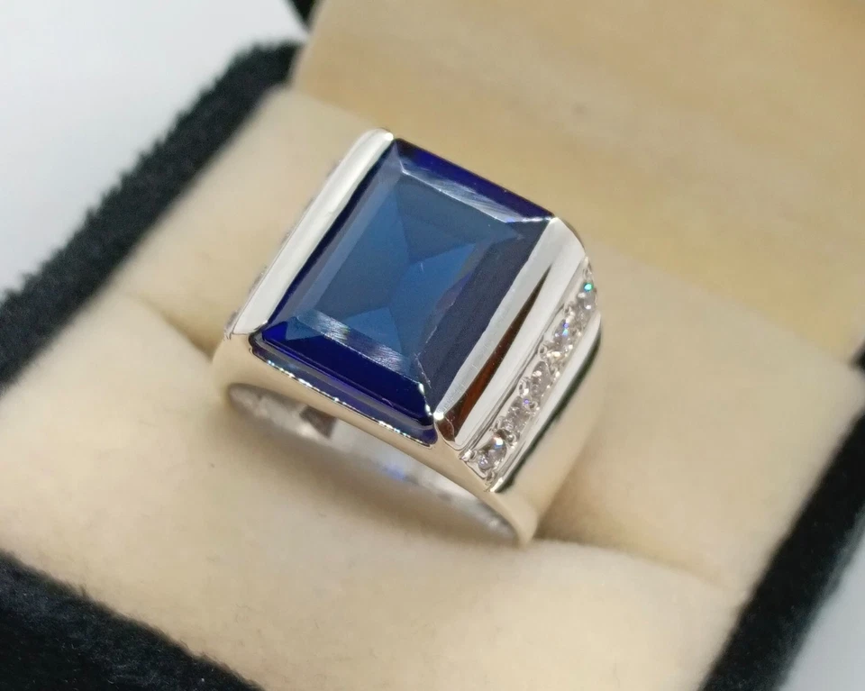 Anillo de topacio de plata esterlina 925 hecho a mano con topacio azul Londres de 12 quilates para hombre Foto 4 de 4