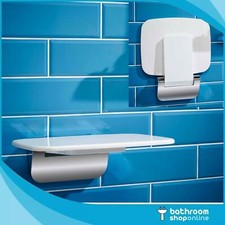 Shower Seat Wall Mounted Fold Away Space Saving, White and Chrome