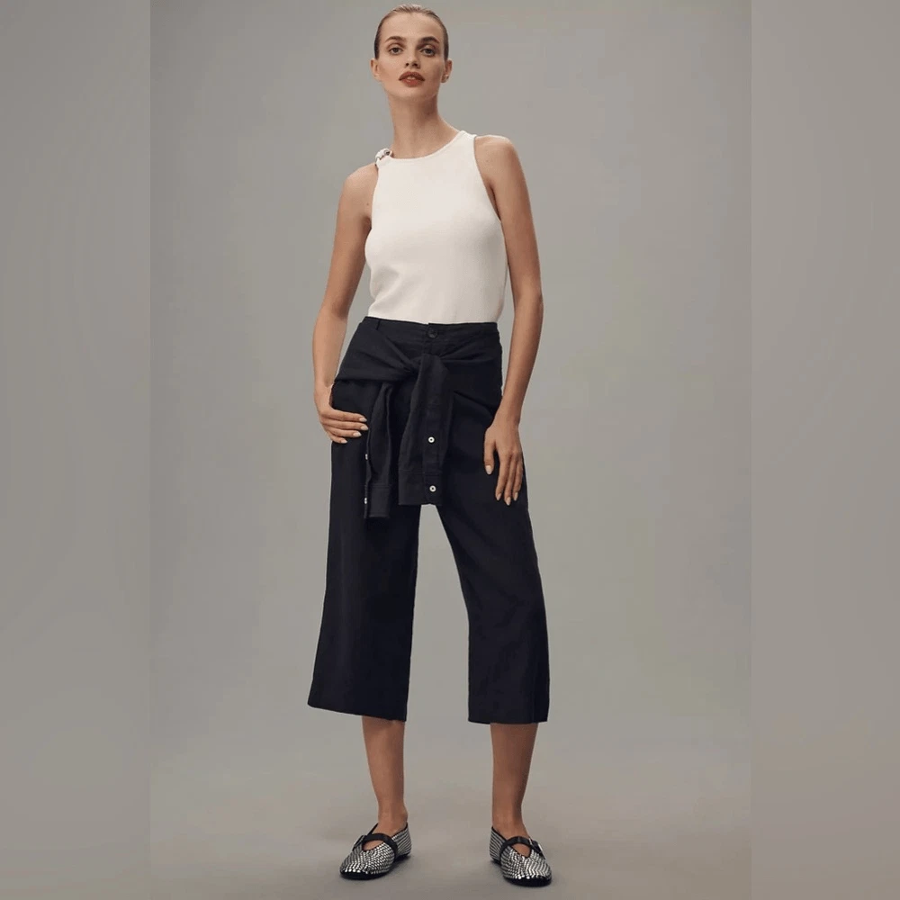 Anthropologie Linen Shirt-Tie Capri Pants Size 8