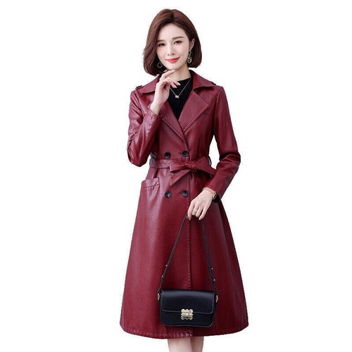 Women's PU Leather Trench Jacket New Long Ladies Leather Windbreaker Jacket Belt - Picture 4 of 10