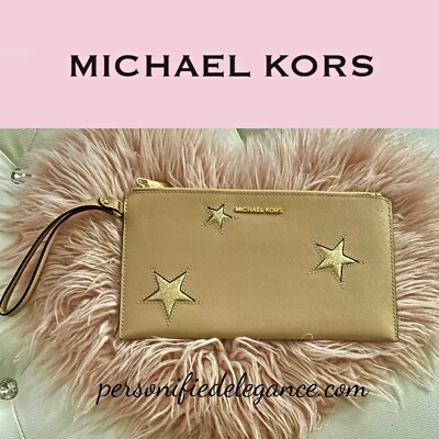 NEW Michael Kors Tan Leather Glitter Star Large Zip Clutch Wristlet