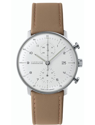 Junghans Max Bill Chronoscope 40 mm White Dial Leather Strap Watch 27/4502.02