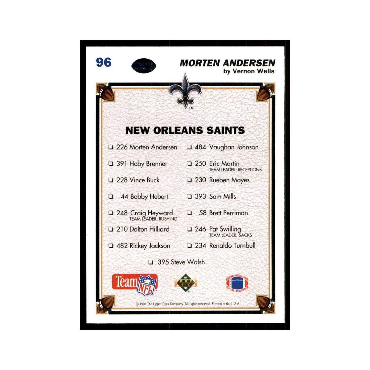 【サイン入り】BLACK AND BLUE Morten Andersen 1991 Upper Deck #96 Morten Andersen New Orleans Saints | eBay