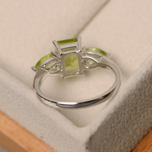 Dainty Emerald Cut Natural Green Peridot 925 Solid Silver Art Deco Proposal Ring - Picture 4 of 4