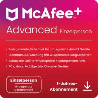 McAfee+Advanced Individual Security 1-Gerät / 1-Jahr Android/Mac/Windows/iOS KEY