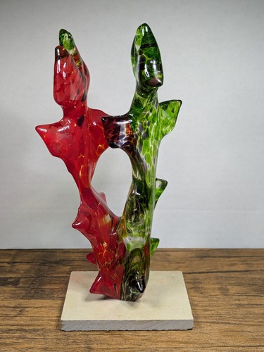 8¾" Glass Art Deco Sculpture w/ Base, Hand Crafted Abstract, Green Red Purple - Picture 6 of 19
