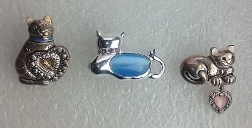 Cat Heart Hat Lapel Pins ( Lot of 3 ) Metal Silverstone Jeweled 1 heart missing