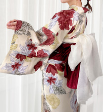 Japanese Summer kimono Yukata Watercolor floral pattern Yukata obi set Women  s
