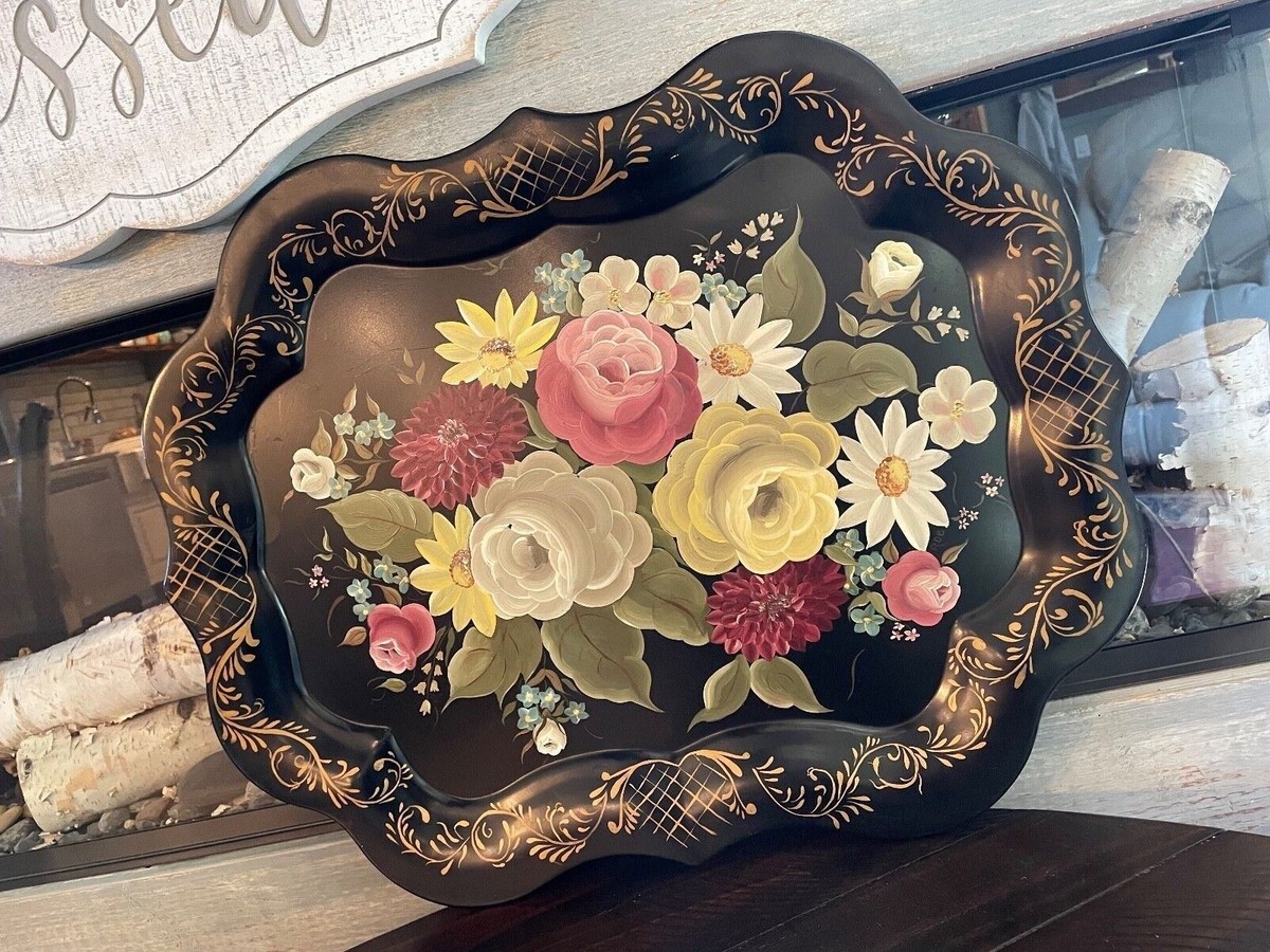 Vintage Toleware Hand Painted Metal Tray Floral Black 1950's Large