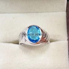 Blue Topaz Oval Cut Gemstone With 925 Sterling Silver Ring For Men's #A896 *