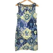 Talbots Sleeveless Cotton High Neck Shift Dress Blue Yellow Size 4 NEW