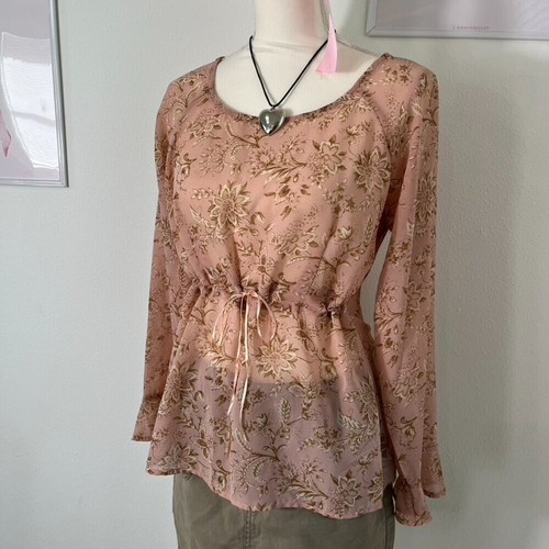Vintage Y2K George Pink Floral Sheer Mesh Milkmaid Tie Front Top Womens Large - Picture 2 of 5
