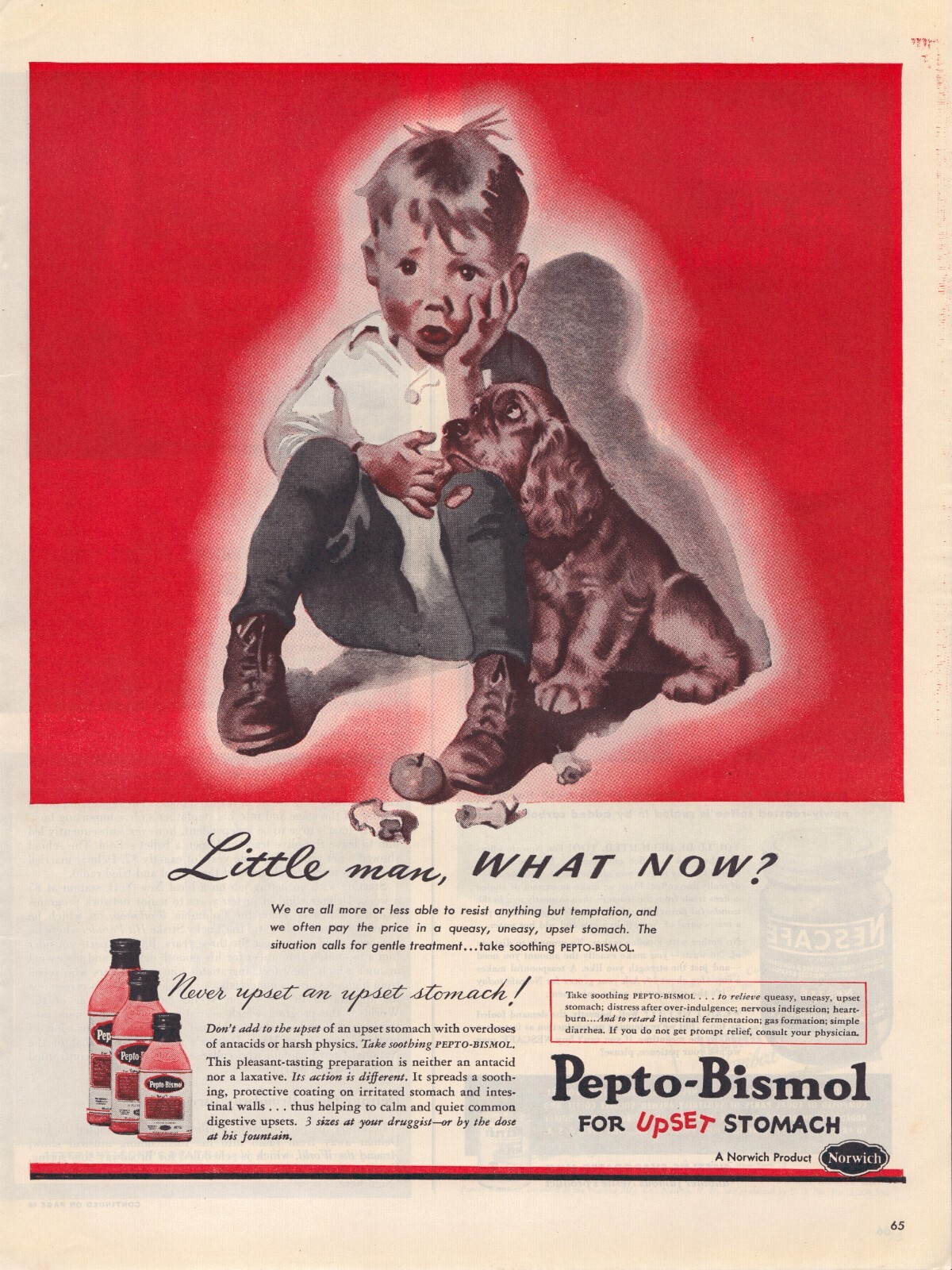 Vintage 1946 PEPTOBISMOL Boy Dog Upset Stomach Ephemera 40's Print Ad