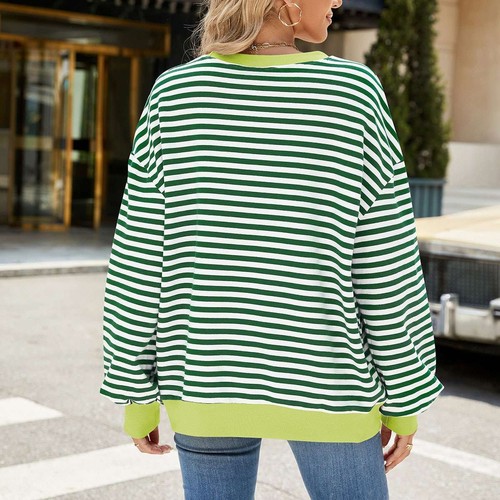 Women Winter Sweatshirt Striped Crew Neck Casual Long Sleeve Pullover Tops - Picture 12 of 16