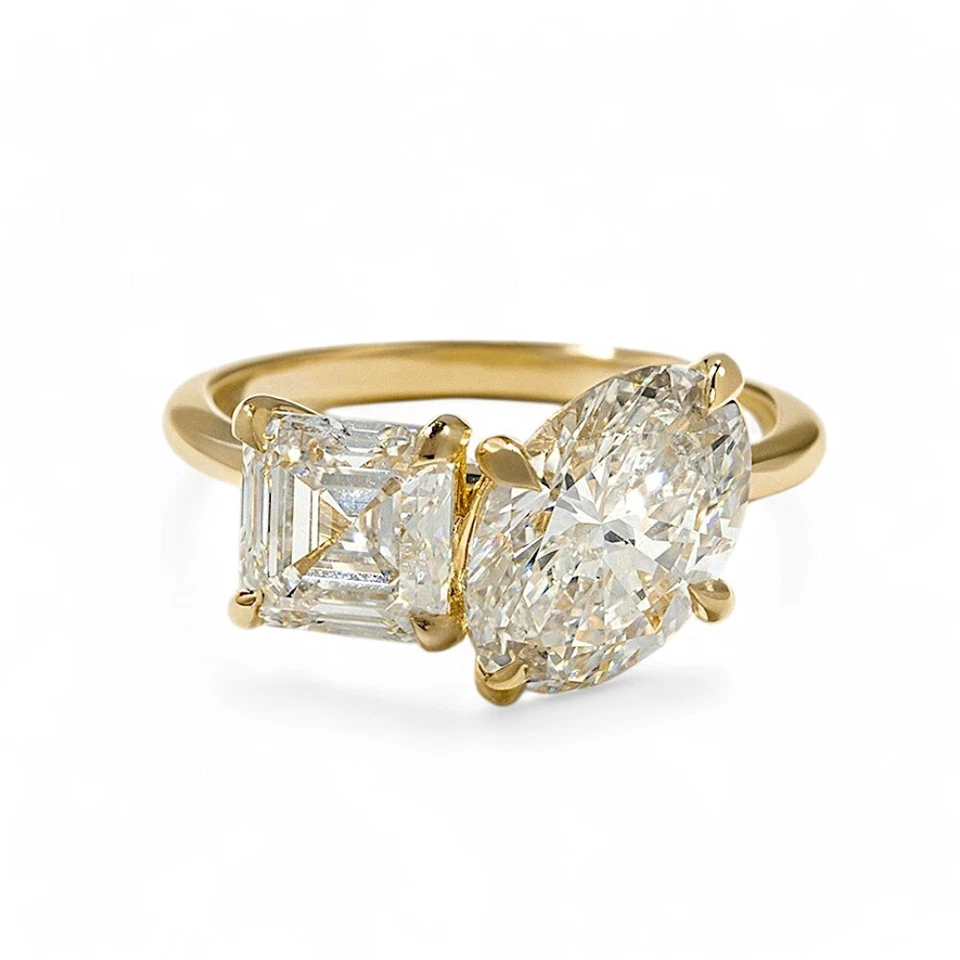 Anillo de oro Toi et Moi 3,70 quilates IGI laboratorio cultivado Asscher marquesa diamante amarillo 14 k Foto 2 de 4