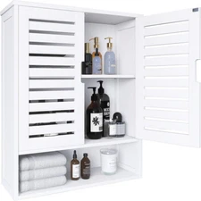 Wall-Mounted Bamboo Storage Cabinet w/ Adjustable Shelf Dual Door Home Organizer