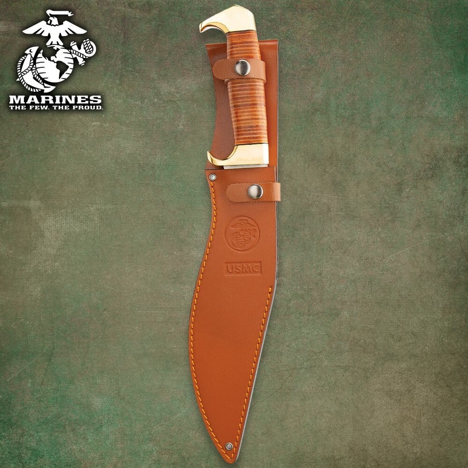 USMC Stacked Leather Handle Kukri Knife with Sheath | 16 1/2