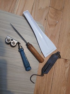Vintage MCM Kitchen Tools -Brass Scale, Frigidaire Scraper, Ice Pick & Sharpener