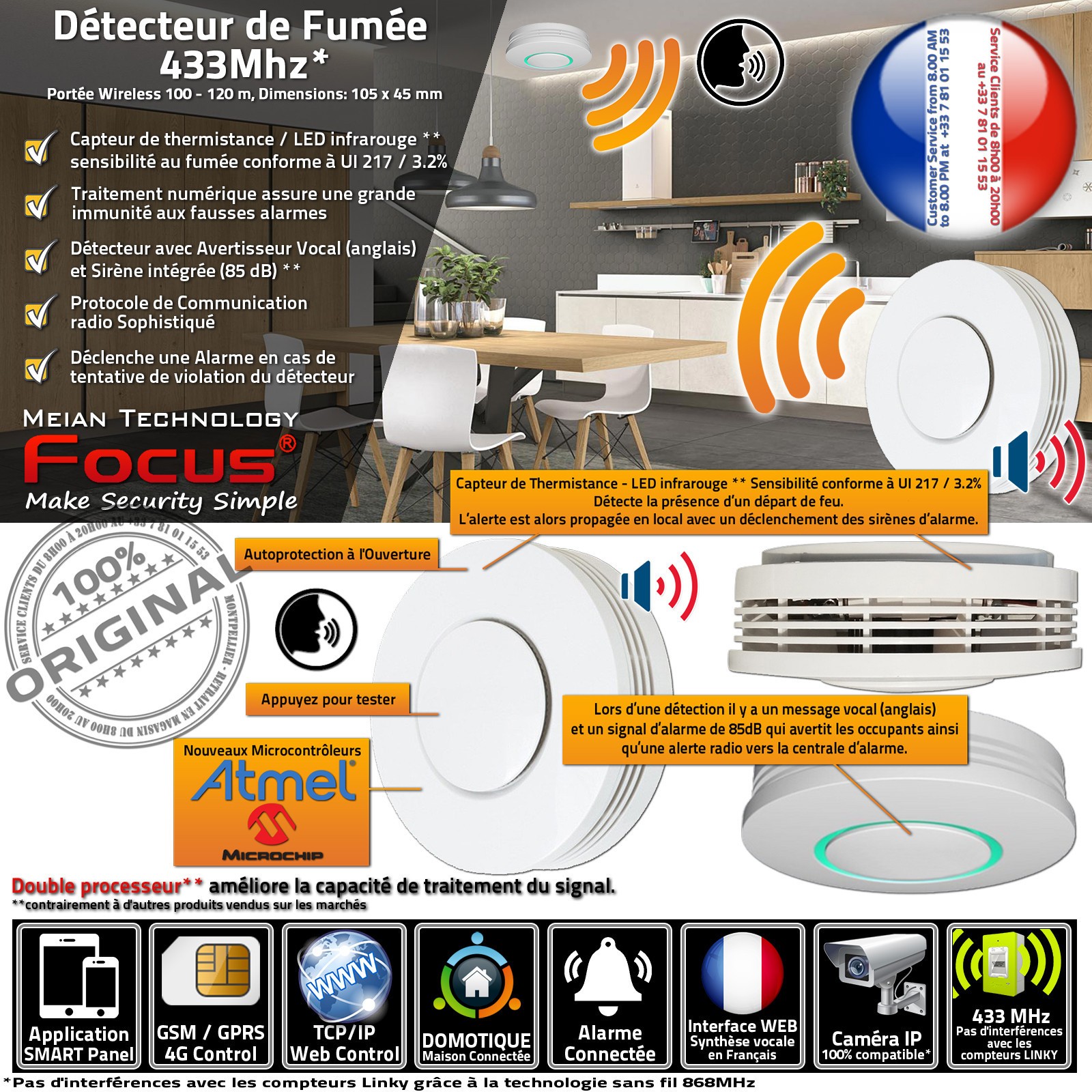 Avertisseur de fumée intelligent MD-2105 avec système de sécurité connecté et alarme 85dB
