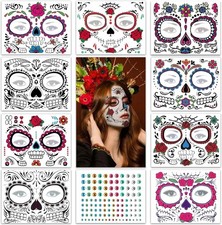 Day of the Dead Face Stickers, 9Pcs Sugar Skull Black Skeleton Web Red Roses Tem