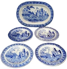Pearlware Childs Toy Dinner Set Platter + 4 Plates KITE FLIER 1830 Staffordshire