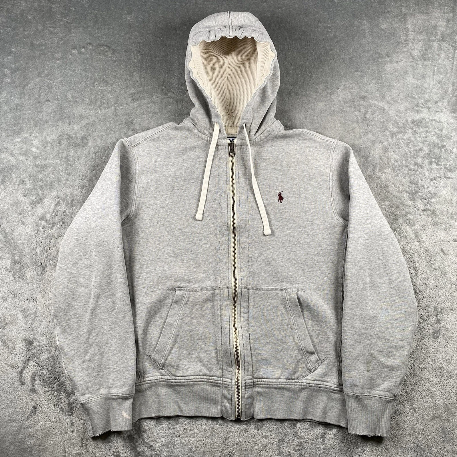 VTG Polo Ralph Lauren Hoodie Mens L Grey Waffle Thermal Hood Y2K Zip Sweatshirt