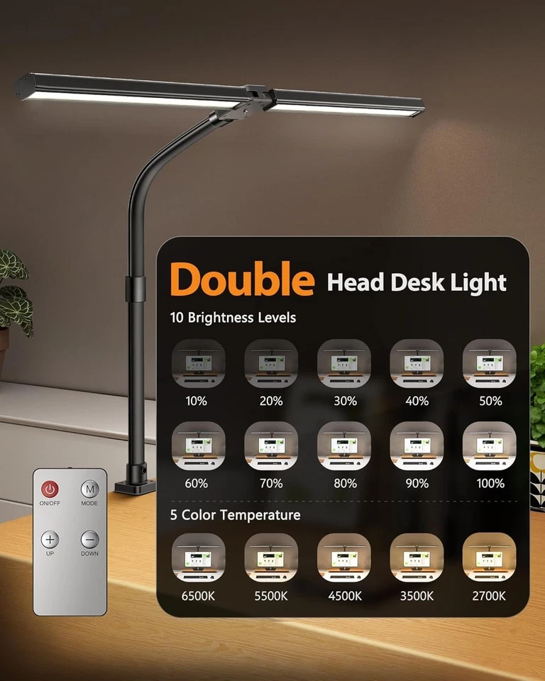NGTeco Dual Head LED Desk Lamp: 5 Modes, 10 Brightness, 24W, Eye-Caring for Home - Image 2 of 4