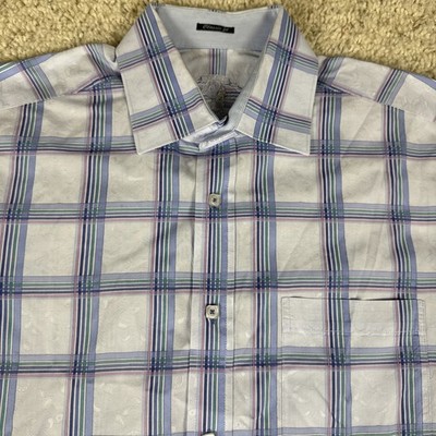 Bugatchi Button Up Shirt Mens S/S Large Blue White Plaid Excellent Condition