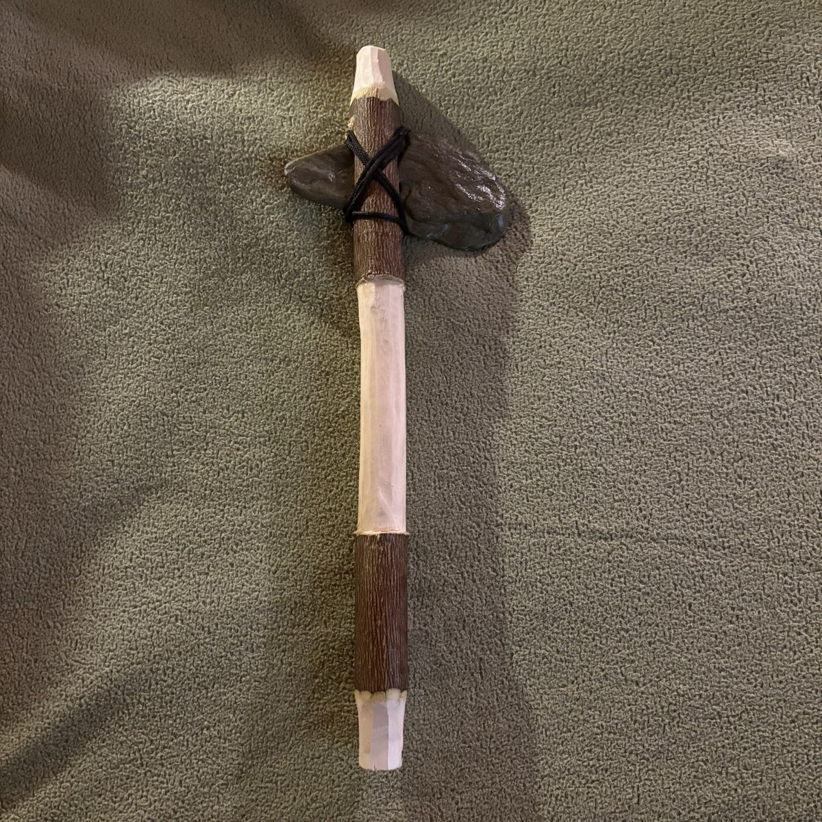 Handmade Caveman Stone Axe Staff Prop, Wrapped Handle, Brown/White/Gray