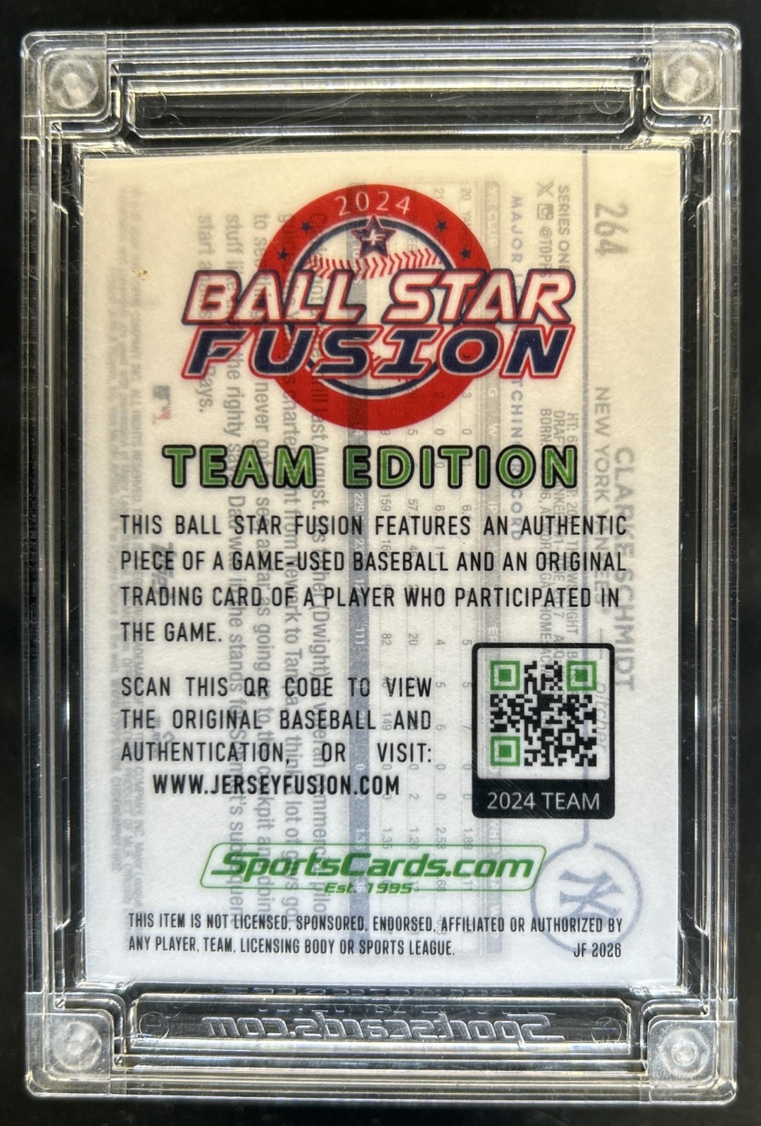 2026 Jersey Fusion Clarke Schmidt 9/13/24 Game Dated Used Ball #15/39 Yankees view 2