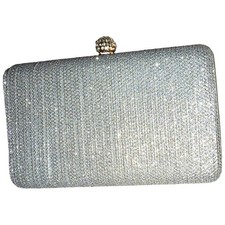 Silver Metallic Rhinestone Clutch Evening Bag Clasp Closure Gold Chain Strap