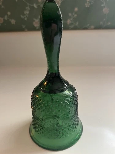 vintage Fenton emerald green glass bell With a diamond point and scroll pattern