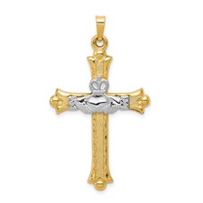 14K Gelb & Weiß Gold Zwei Ton Polierte Hohl Claddagh Budded Kreuz Anhänger
