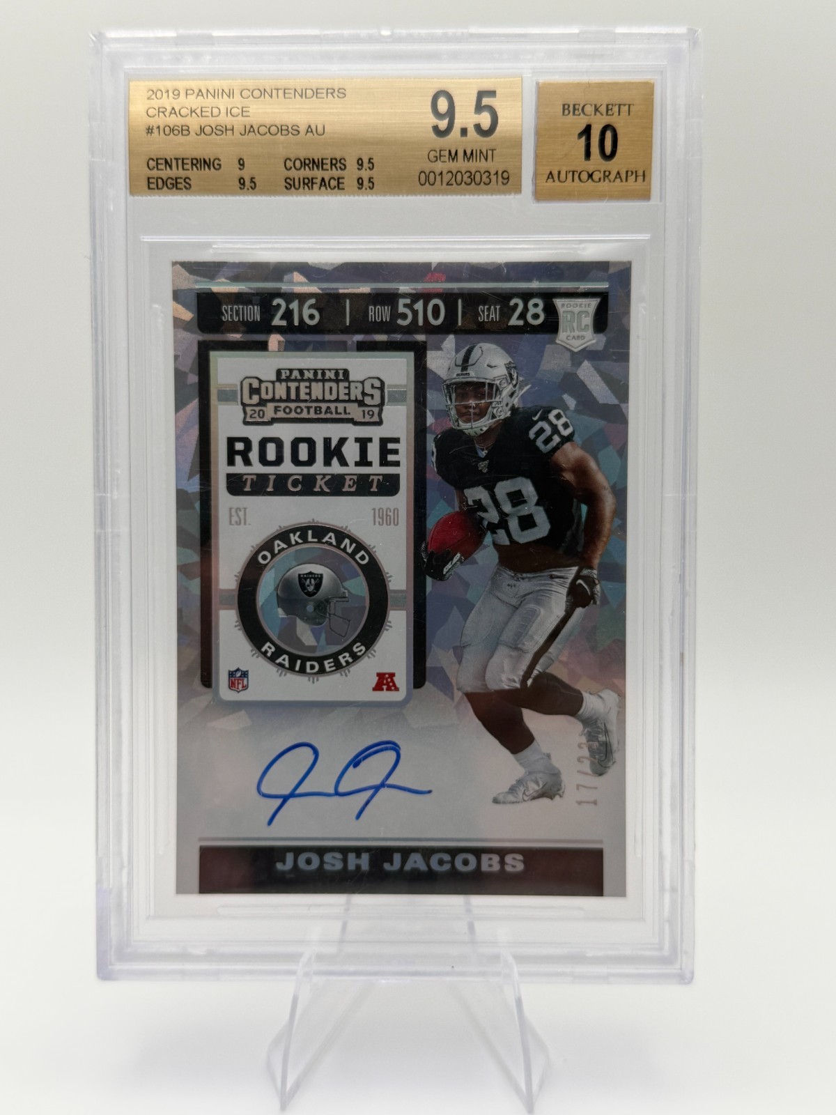2019 Panini Contenders Josh Jacobs Cracked Ice RC Auto /23 BGS 9.5 Auto 10