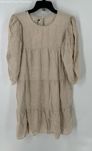 NWT Lanhtropy Beige Linen 3/4 Sleeve Round Neck Shift Womens Dress Size Small