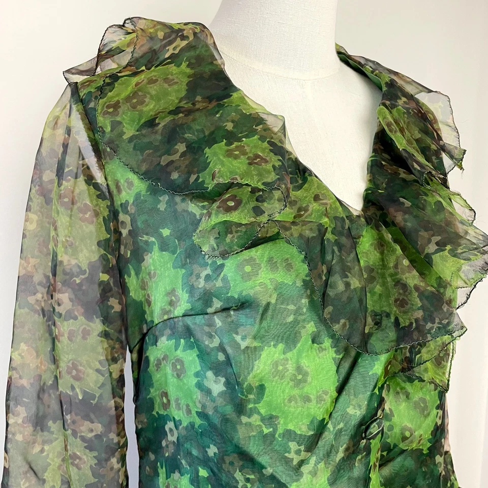 Vestido Grunge Vintage Años 60 70 Gasa Transparente Volantes Floral Verde Cottagecore Hada Foto 3 de 4