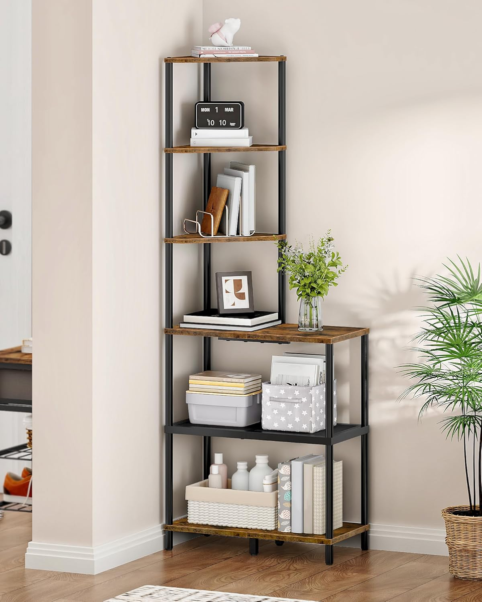 Industrial 6-Tier Corner Shelf with Desk, Rustic Brown & Black Industrial 6-Tier Corner Shelf with Desk, Rustic Brown & Black