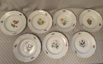 Meissen Porzellan Konvolut, 7 Speiseteller ''Neuer Ausschnitt'', div. Blumen