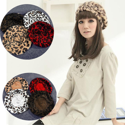 Women French Style Leopard Print Beret Beanie Hat Wool Soft 