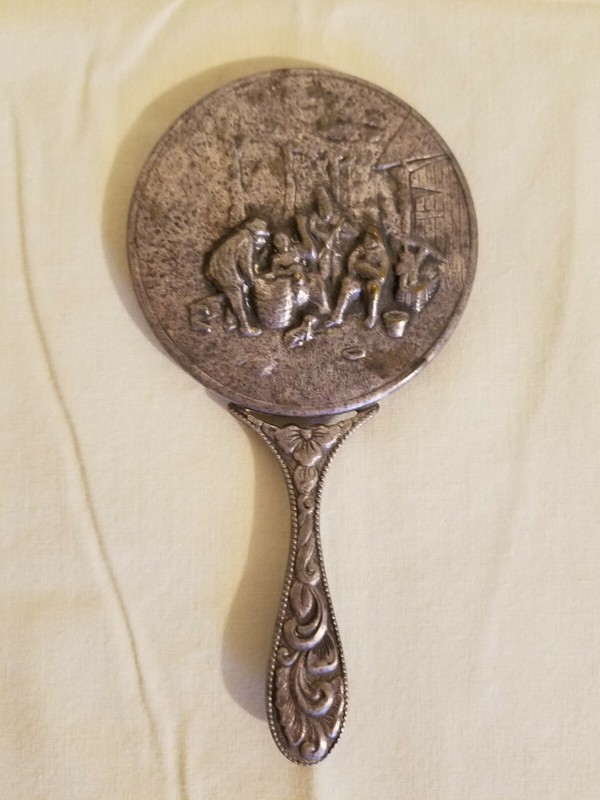 Vintage Hans Jensen Denmark Silverplate Repousse Village Scene Small Hand Mirror