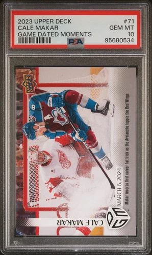 2023 Upper Deck Game Dated Moments Cale Makar Hat Trick 71 PSA 10 Avalanche