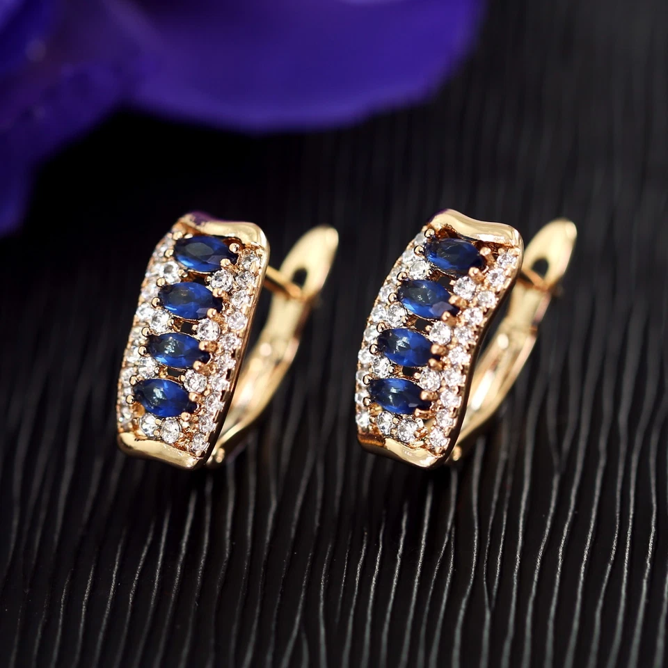 PENDIENTES ARO VESTIDO MUJER ORO ROSA 18K GF Zafiro Azul Diamante Simulado Banda Foto 2 de 4