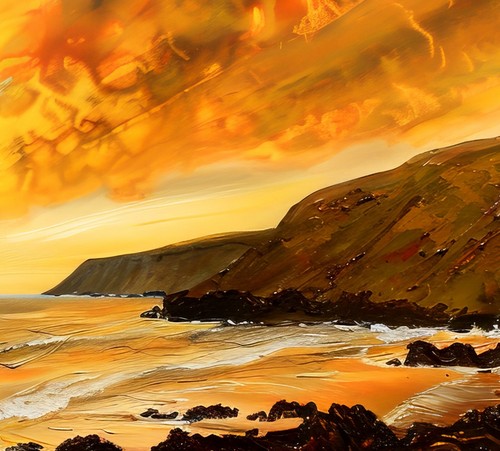 Fiery Sunset Seascape 5"x7" Print on Matte Paper | Blazing Coast Oil Art - Picture 13 of 17