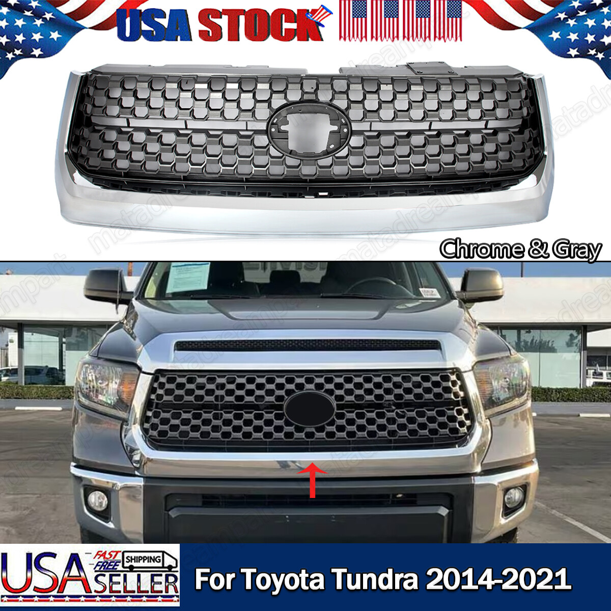 FRONT BUMPER GRILLE CHROME REPLACEMENT FITS 2014-2021 TOYOTA TUNDRA TRD STYLE