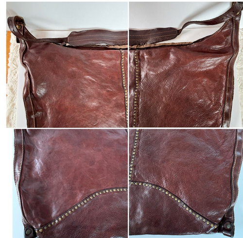 CAMPOMAGGI Italian Leather Canvas Shoulder Hobo Crossbody Large Bag Studded - Picture 13 of 19