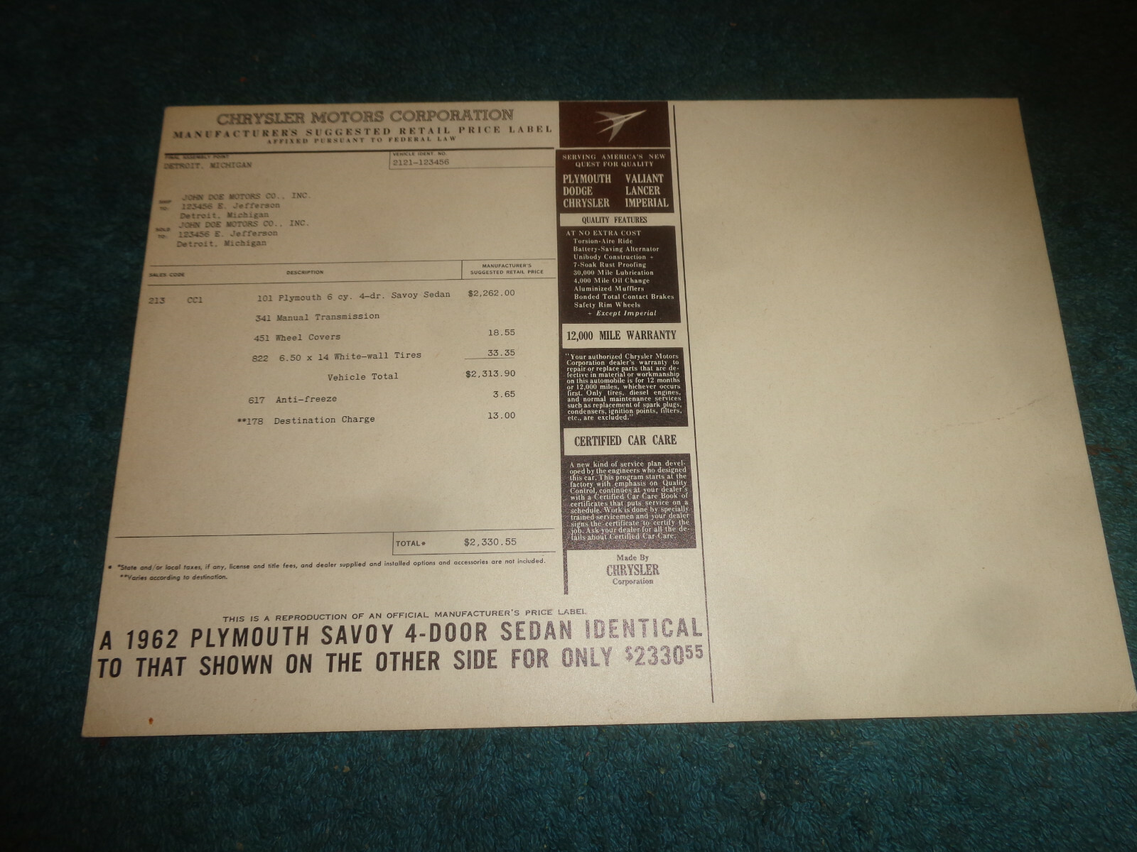 1962 PLYMOUTH SAVOY SALES BROCHURE / ORIGINAL DEALERSHIP MAILER CARD eBay
