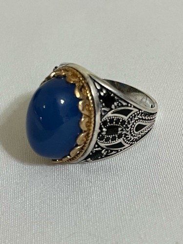 Luxury Men 925 Silver Ring Genuine Yemen Aqeeq Handmade design عقيق ازرق نوادر - Picture 10 of 13