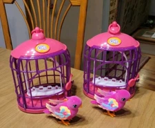 Little Live Pets Lot of 2 Birds - Pink Colorful - with 2 Cages! Vibrant & RARE