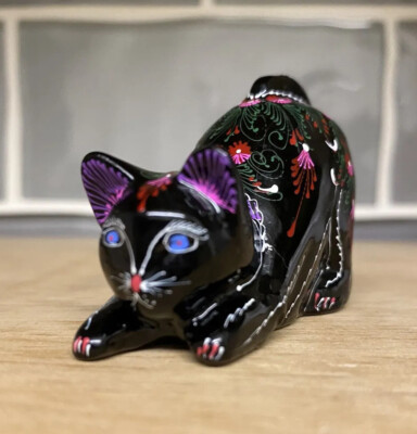 Black Lacquer Cat Figurine Hand Painted Multicolored Design Collectible 